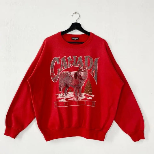 Vintage 90s Outdoor Outfitters Sweatshirt Wolf Crewneck Ducks Sweater Pullover Largemouth Bass Deer Duck Timber Wolf Logo Menswear Athletic Black Collar Casual