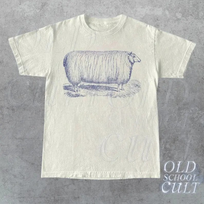 Vintage 90s Tattoo Fat Sheep Tshirt, Retro Nature Shirt, Funny Retro Shirt, Handdrawing Shirts, Meme Shirt, Unisex Relaxed Adult Tee