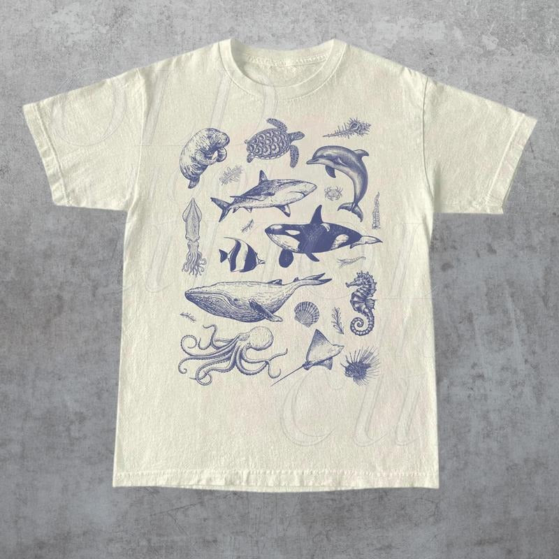 Vintage 90s Tattoo Sea Animal T Shirt, Retro Ocean Nature Shirt, Sealife, Ocean, Whale, Orca, Turtle, Dolphin Shirt, Unisex Relaxed Adult Tee