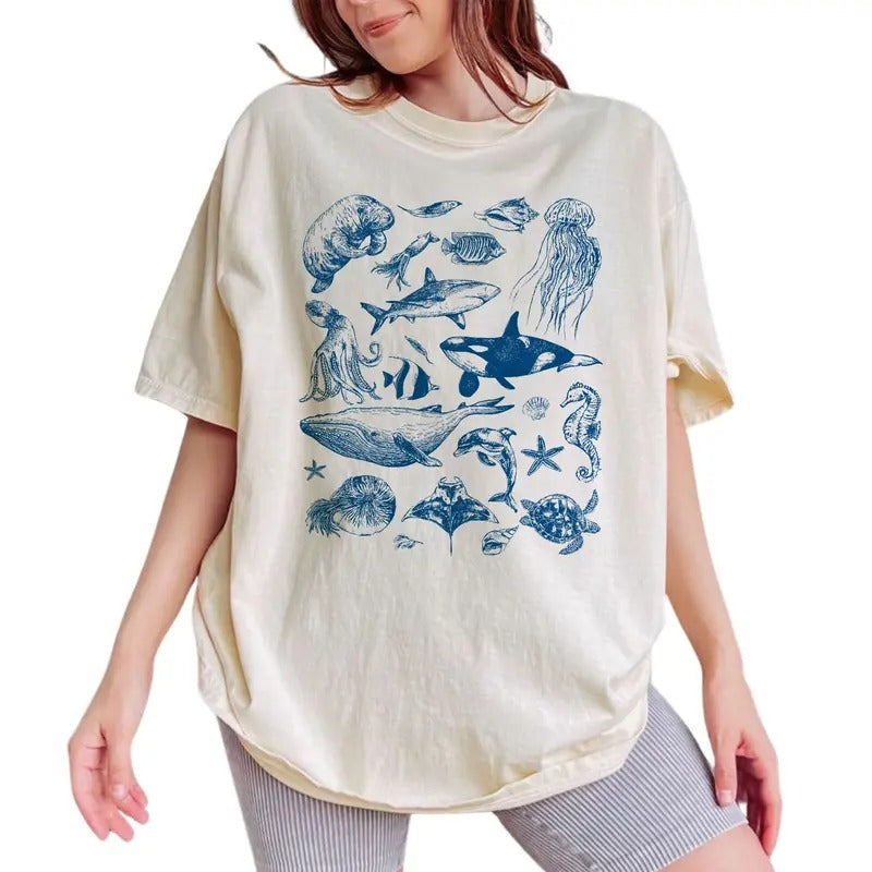 Vintage 90s Tattoo Sea Animal Tee, Retro Ocean Nature Graphic Tee Women, Marine Life Vintage Shirts, Sealife Shirts For Women, Beach Lover T-shirt, Unisex Retro Shirts, Menswear, Women's Tops, Womenswear, Cotton Fabric Relaxed Fit Chic Style