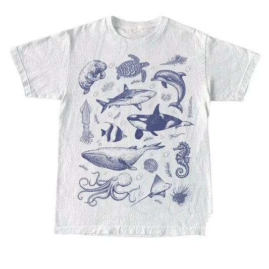 Vintage 90s Tattoo Sea Animal Tshirt, Retro Ocean Nature Shirt, Sealife Shirt, Ocean Shirt, Whale Shirt, Orca Shirt, Turtle Shirt, Dolphin Shirt, Unisex Relaxed Tee, Gift for Fan, Gift for Her, Gift for Him Round Neck Casual Sweatshirt, Hoodie, Comfort Co