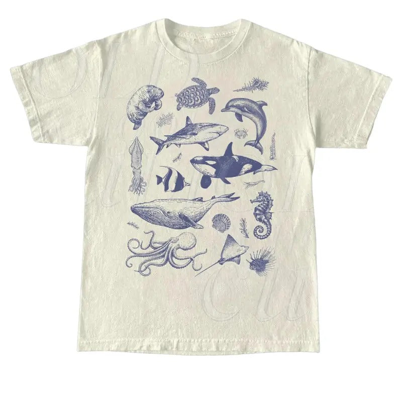 Vintage 90s Tattoo Sea Animal Tshirt, Retro Ocean Nature Shirt, Sealife, Ocean, Whale, Orca, Turtle, Dolphin Shirt, Unisex Relaxed Adult Tee Tshirt Menswear Top