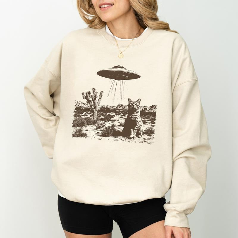 Vintage 90s UFO Cowboy Cat Sweatshirt, Funny Western Rodeo Kitten Crewneck, Retro Wild West Alien Sweater, Gag Gift Meme Tops, Soft Cotton Womenswear