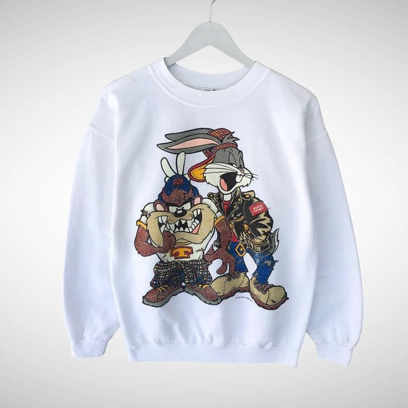 Vintage 90s Warner Bros Sweatshirt Coyote Crewneck Bugs Bunny Tazmania Sweater Pullover Tazmania Devil Coyote Print Logo Jumper