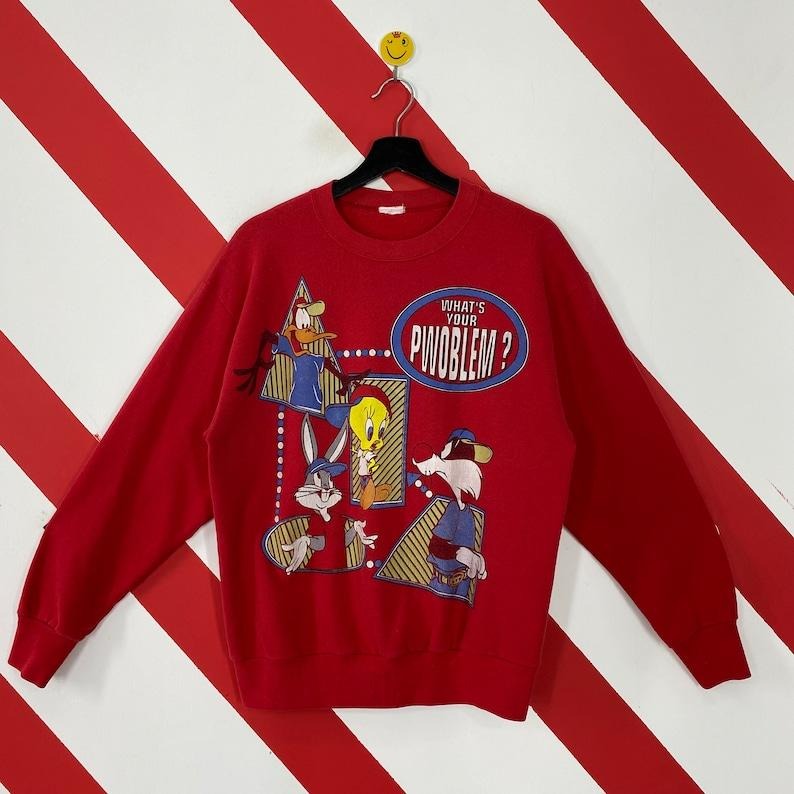 Vintage 90s Warner Bros Sweatshirt Sylvester Crewneck Bugs Bunny Tweety Sweater Cartoon Daffy Duck Coyote Yosemite Sam Print Logo