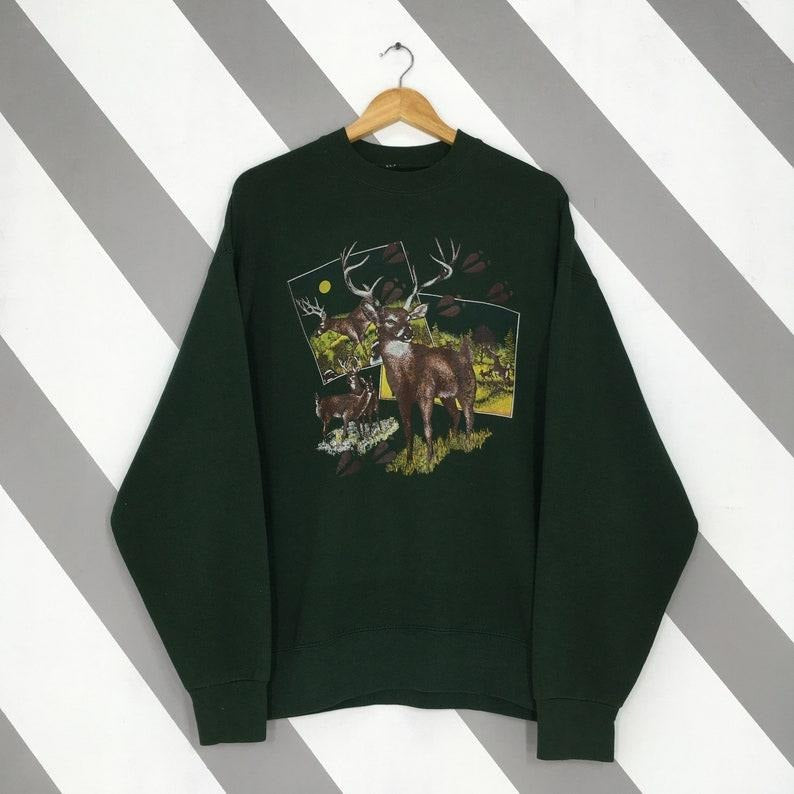 Vintage 90s Whitetail Deer Wildlife Green Sweatshirt XLarge The Great North American Deer Crewneck White-Tailed Deer