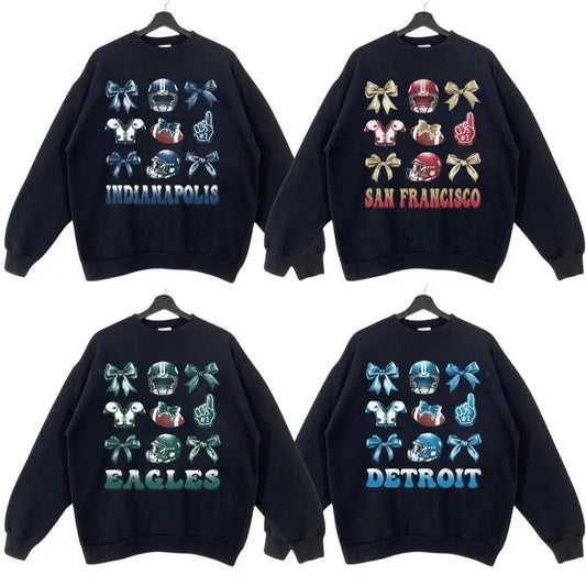 Vintage All Team Football Bows Inspired Black Crewneck Sweatshirt, Football Coquette Sweatshirt, Vintage Crewnecks, Coquette Gift For Christmas