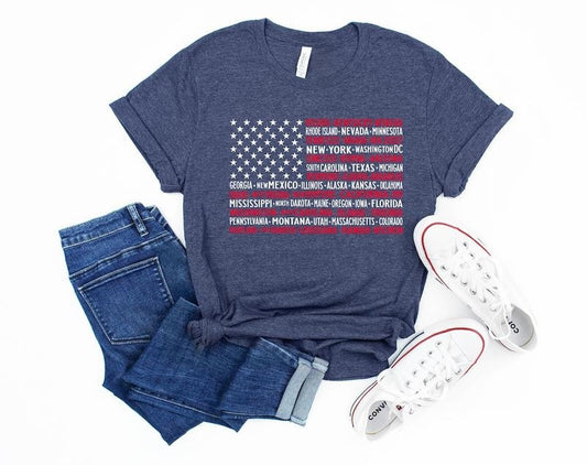 Vintage American Flag Tee with States, Fourth of July Tees, United States Tshirts, July 4th Graphic Tee
