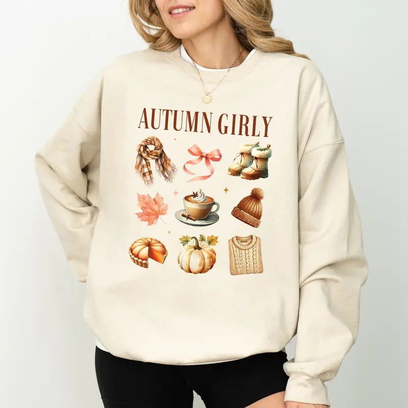 Vintage Autumn Girly Sweatshirt, Fall Vibes Sweater, Autumn Apparels for Girls, Retro Fall Crewneck, Aesthetic Autumn Girly Sweater, Fall Season Sweatshirt, Comfy Long Sleeve Pullover, Cute Women's Tops, Casual Womenswear, Comfort Fabric Cotton Top
