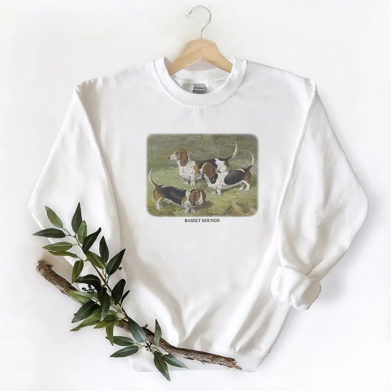 Vintage Basset Hound Crewneck Pullover Sweatshirt, Hoodie T-shirt Unisex Womenswear Cotton
