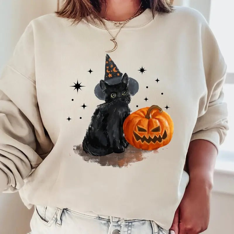 Vintage Black Cat Halloween Sweatshirt, Black Cat Halloween Shirt, Cat Lover Gift Shirt, Pumpkin Halloween sweatshirt, Pumpkin Face, Spooky season sweatshirt, Fall Halloween crewneck