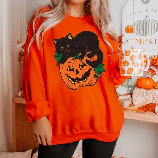 Vintage Black Cat On Pumpkin Sweatshirt, Retro 90s Halloween Shirt, Fall Crewneck Sweatshirt, Black Cat Sweater, Halloween Black Cat T-shirt
