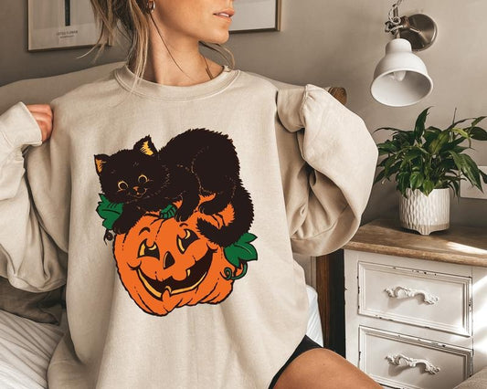 Vintage Black Cat On Pumpkin Sweatshirt, Retro 90s Halloween Sweater, Fall Sweatshirt, Black Cat Halloween Sweater, Halloween Black Cat Tee, Pumpkin Halloween Fall Crewneck