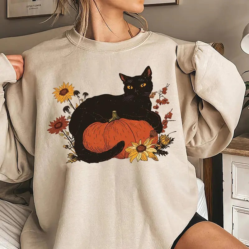 Vintage Black Cat On Pumpkin Sweatshirt, Retro Black Cat Halloween Sweatshirt, 90s Halloween Shirt, Black Cat Fall Shirt, Vintage Cat Halloween Shirt, Cat Lover Shirt, Autumn Season Shirt, Pumpkin Fall Halloween Gift Shirt
