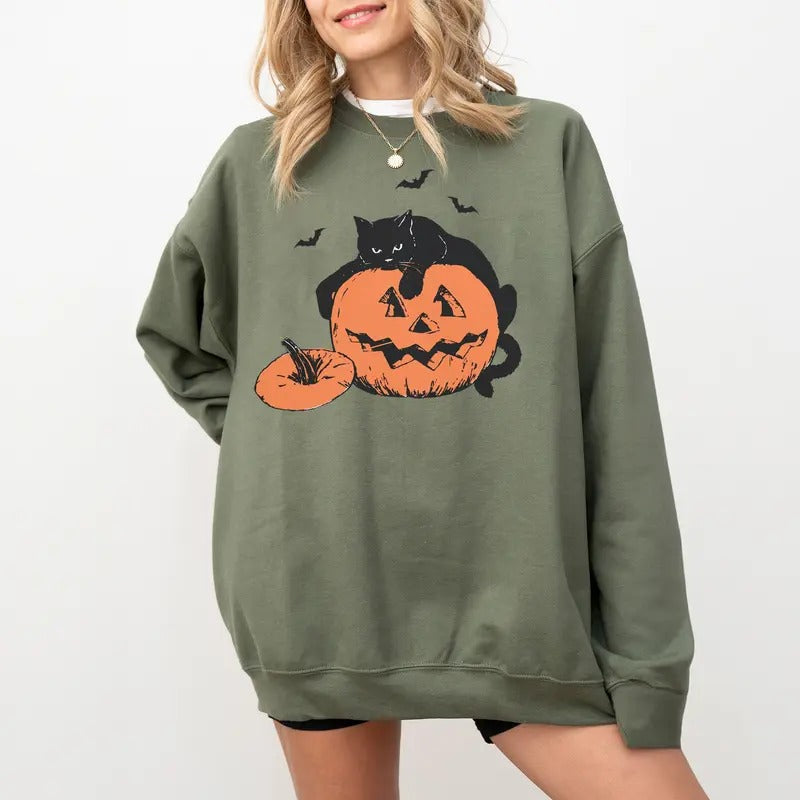 Vintage Black Cat On Pumpkin Sweatshirt, Retro Black Cat Halloween Sweatshirt, 90s Halloween Shirt, Pumpkin Fall Shirt, Cat Lover Shirt, Autumn Season Shirt, Pumpkin Fall Halloween Gift Shirt