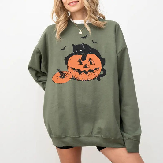 Vintage Black Cat On Pumpkin Sweatshirt, Retro Black Cat Halloween Sweatshirt, 90s Halloween Shirt, Pumpkin Fall Shirt, Cat Lover Shirt, Autumn Season Shirt, Pumpkin Fall Halloween Gift Shirt