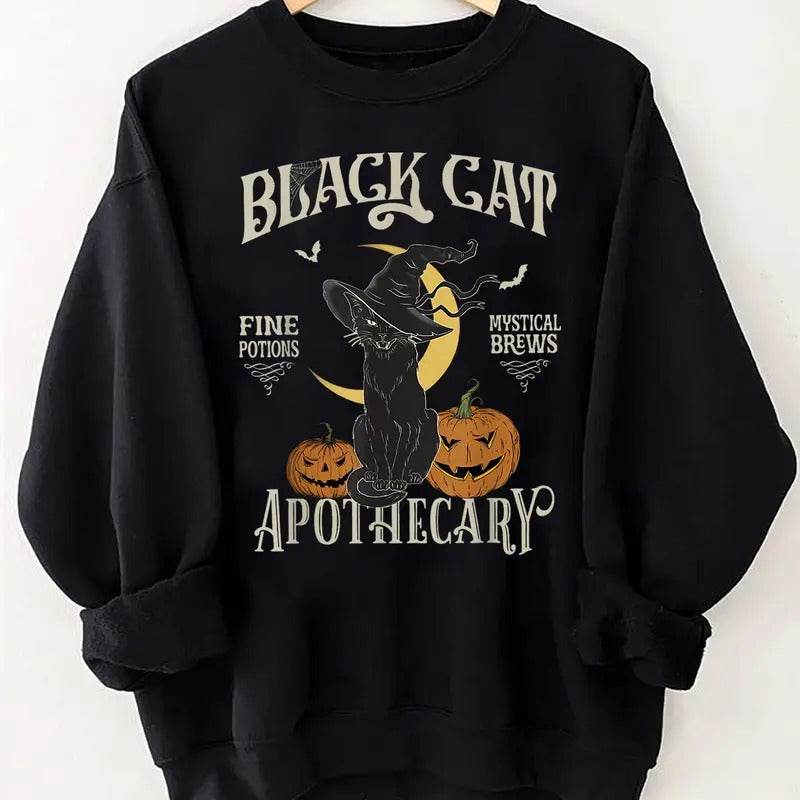 Vintage Black Cat Salem Apothecary Sweatshirt, Black Cat Halloween Sweatshirt, Halloween Black Cat Shirt, Retro Halloween Cat Shirt, Cat Mom Halloween Sweater, Pumpkin Halloween Shirt, Fall Halloween Gift Shirt