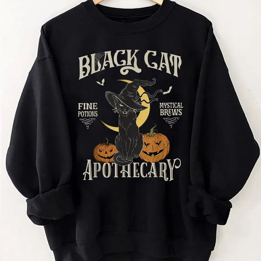 Vintage Black Cat Salem Apothecary Sweatshirt, Black Cat Halloween Sweatshirt, Halloween Black Cat Shirt, Retro Halloween Cat Shirt, Cat Mom Halloween Sweater, Pumpkin Halloween Shirt, Fall Halloween Gift Shirt
