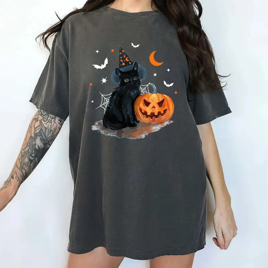 Vintage Black Cat Shirt, Spooky Season Halloween Tee, Jack O Lantern Pumpkin T-shirt, Cat Mom Shirt, Cat Lover Gift Shirt, Halloween Party Tee for Women, Cute Halloween Gift, Spooky Season Shirt, Oversized Womenswear, Comfort Colors Casual Women's Tops