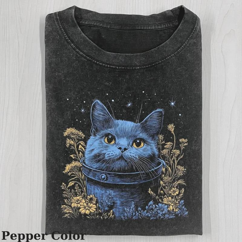 Vintage Blue Cat And Flower T-shirt, Cute Cat Shirt, Love Cat Tshirt-  Meme Cringe Funny Dumb Shirts, Unisex Shirt Menswear Womenswear Streetwear