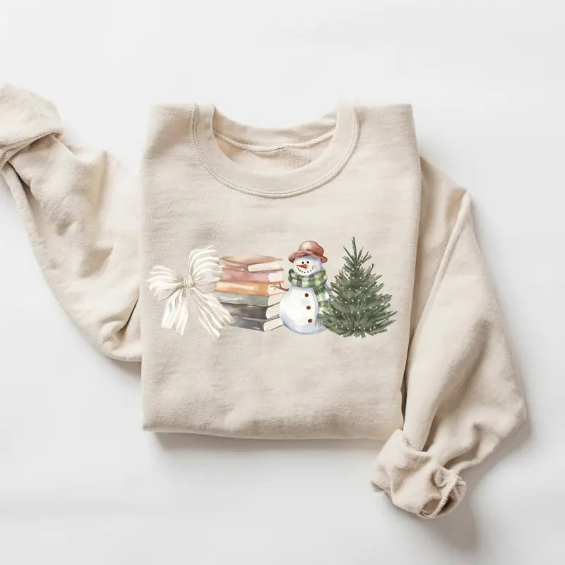 Vintage Bookish Christmas Sweatshirt, Coquette Bookish Bow Sweatshirt, Christmas Tree Snowman Sweater, Cozy Winter Sweatshirt, Book Lovers Gift Shirt, Reader Shirt, Bookworm Sweatshirt