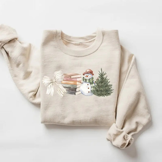 Vintage Bookish Christmas Sweatshirt, Coquette Bookish Bow Sweatshirt, Christmas Tree Snowman Sweater, Cozy Winter Sweatshirt, Book Lovers Gift Shirt, Reader Shirt, Bookworm Sweatshirt