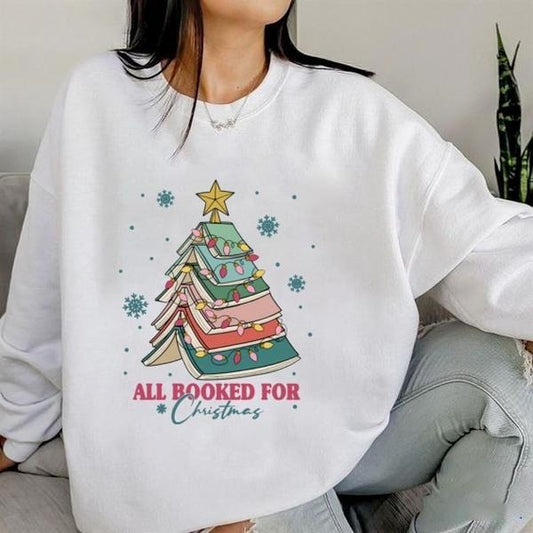 Vintage Books Christmas Tree Sweatshirt, All Booked for Christmas Sweatshirt, Christmas Gift for Reading Book Lovers, Bookworms