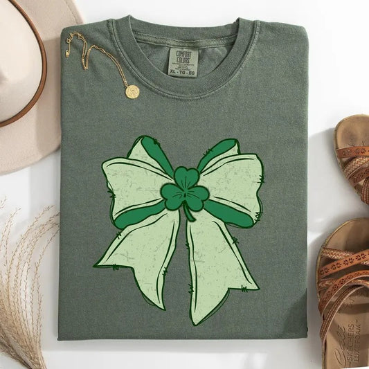Vintage Bow, Coquette, St Patrick's Day, Shamrock, Clover, Lucky, Leprechaun Tshirt, Women's Comfort Colors Tee