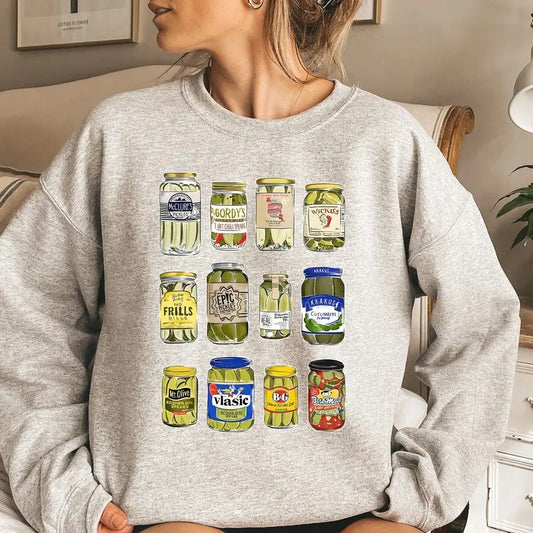 Vintage Canned Pickles Sweatshirt Canning Season Sweatshirt Pickle Lovers Sweater Pickle Jar Crewneck Funny Pickle Hoodie Cotton Womenswear
