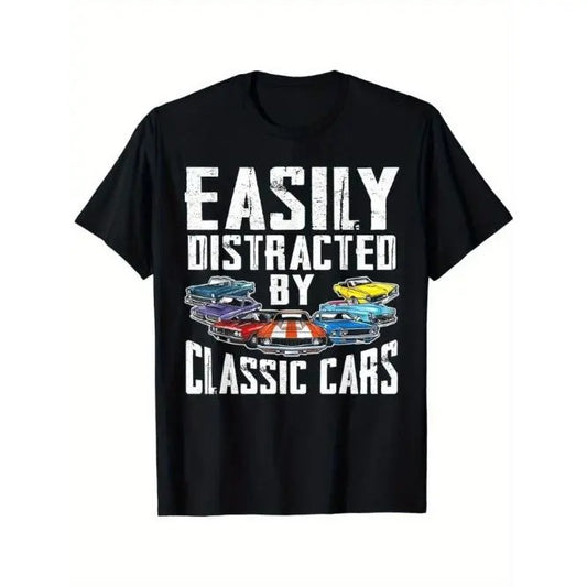 Vintage Car Enthusiast Graphic T-shirt - Men's Casual Short Sleeve Tee for Classic Auto Fans - Fun Humorous Gift Idea for Distracted Drivers Made in USA