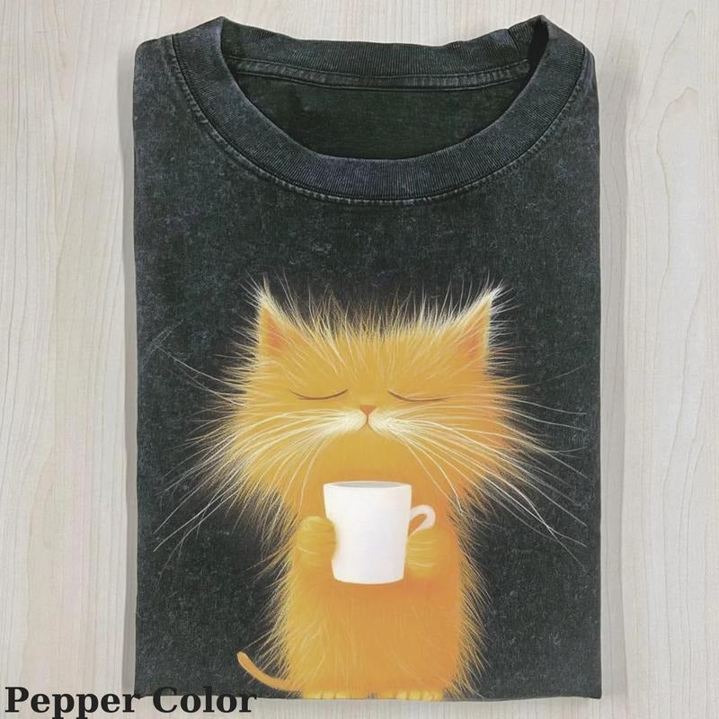 Vintage Caricature Cat With A Mug T-shirt, Caricature Cat With A Mug T-shirt, Cute Cat Shirt, Love Cat Tshirt-  Meme Cringe Funny Dumb Shirts, Unisex Shirt Menswear Womenswear Streetwearstyle{n002}2