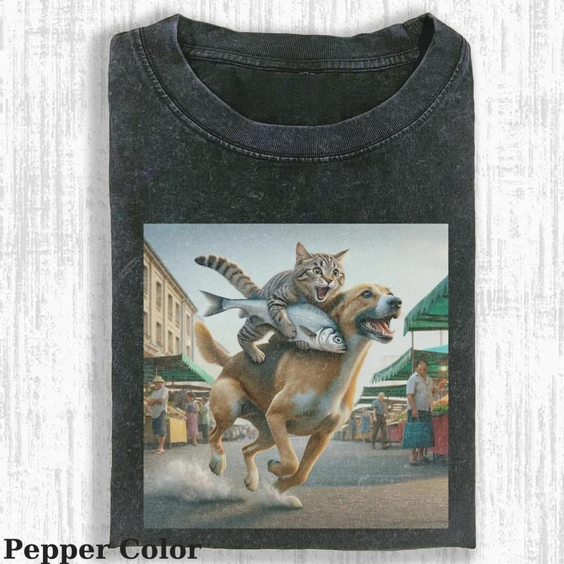Vintage Cat And Dog Steal Fish T-shirt, Cat And Dog Steal Fish T-shirt, Cute Cat Shirt, Love Cat Tshirt, Love Dog Tshirt, Meme Cringe Funny Dumb Shirts, Unisex Shirt Menswear Womenswear Streetwear