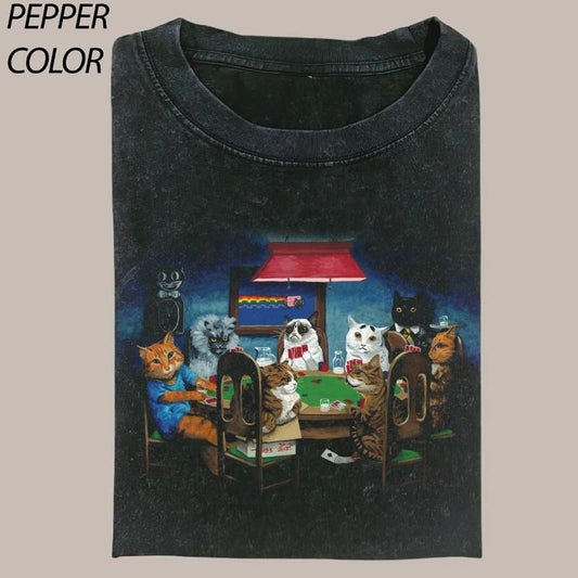 Vintage Cat Art playing poker CrewNeck T-shirt, Lucky Poker Graphic Tee Gift For Boyfriend Menswear Top Streetwear...