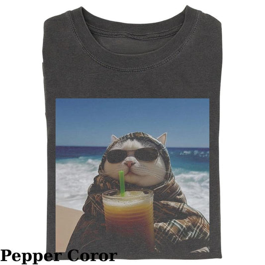 Vintage Cat Drinking Water On The Beach T-Shirt, Fantasy Kitten Tshirt, Cute Cat Shirt, Cool Cat Tshirt, Love Cat Tshirt, Meme Cringe Funny Dumb Shirts, Summer 2025 T-shirt, Unisex Shirt Menswear Womenswear Streetwearstyle{n002}2