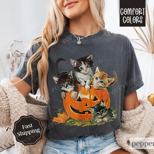 Vintage Cat Halloween Shirt Comfort Colors, Women's Halloween Tee, October Vibes Shirt, Spooky Season Tee