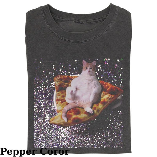 Vintage Cat Lying On Pizza In A Sky Of Glitter T-Shirt, Fantasy Kitten Tshirt, Cute Cat Shirt, Cool Cat Tshirt, Love Cat Tshirt, Meme Cringe Funny Dumb Shirts, Unisex Shirt Menswear Womenswear Streetwear