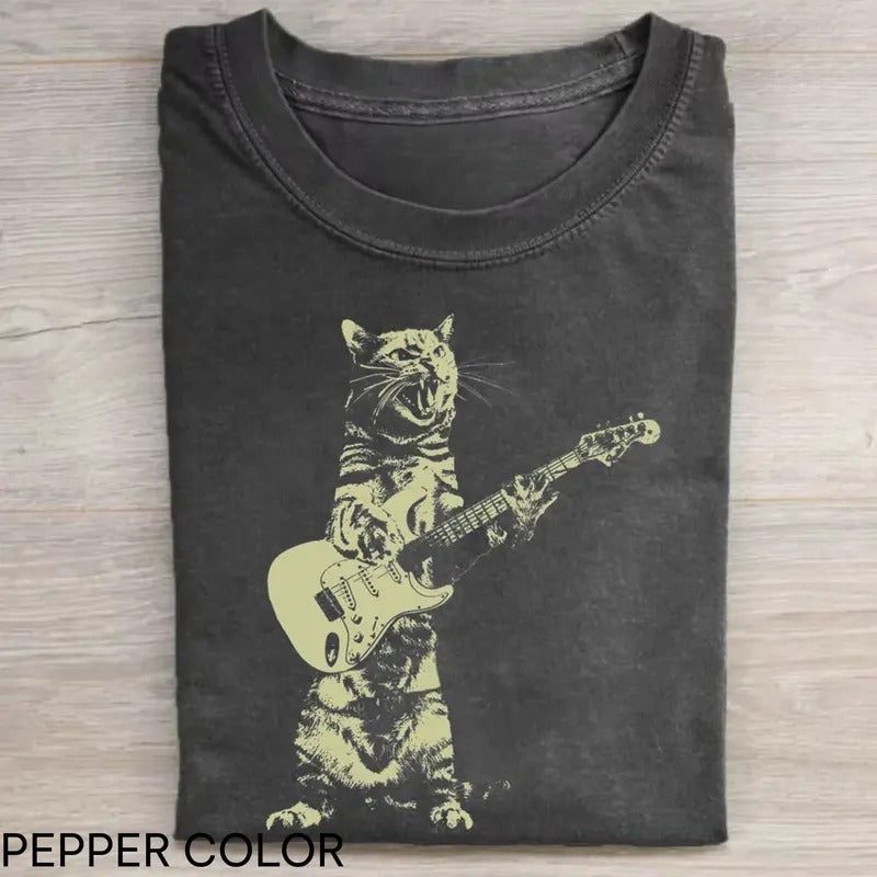 Vintage Cat Playing Guitar T-shirt, Retro Funny Guitar Cat T-Shirt, Cat Lovers, Rock Lovers Gift, Funny Gift, Rocker Shirt Menswear Top Underwear Tshirt