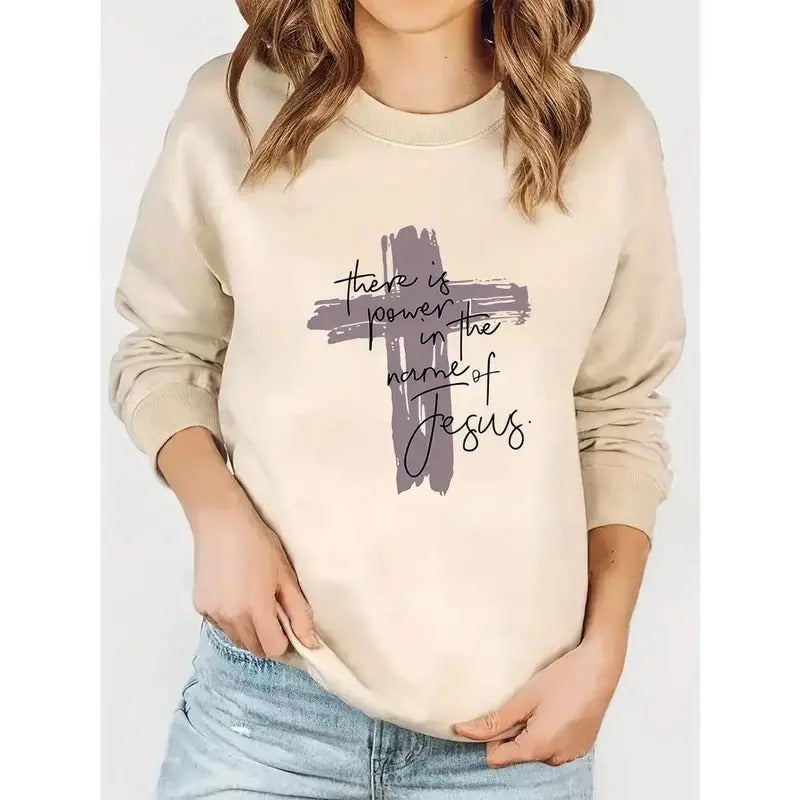 Vintage Chic Cross & Letter Print Pullover Sweatshirt - Women's Long Sleeve Crew Neck Fashion Sweatshirts with Relaxed...