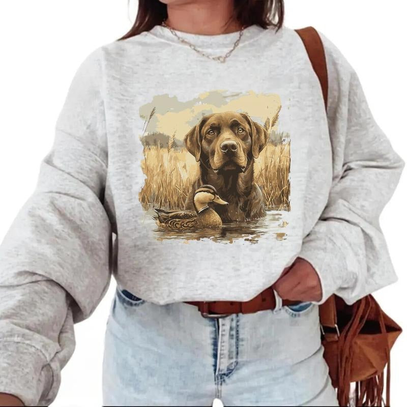Vintage Chocolate Lab Mallard Ducks Sweater Boho Unisex Crewneck Sweatshirt Dogs Lover Gift Hunting Retro Trendy Hunting Season 2025 Hoodie T-shirt Cotton Womenswear