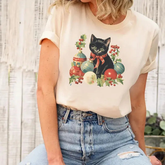 Vintage Christmas Cat Sweatshirt, Holiday Sweater, Black Kitten Shirt, Retro Christmas Party Shirt, Holiday Gift, Cat lover gift, Christmas Gift for Women