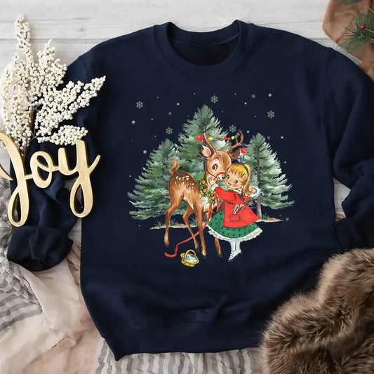 Vintage Christmas Girl And Reindeer Sweatshirt, Vintage Christmas Sweatshirt, Christmas Movies Sweater, Retro 1950s Christmas Sweater, Christmas Tree Sweatshirt, Christmas Party Shirt, Winter Holiday, Xmas Christmas Gift Shirt