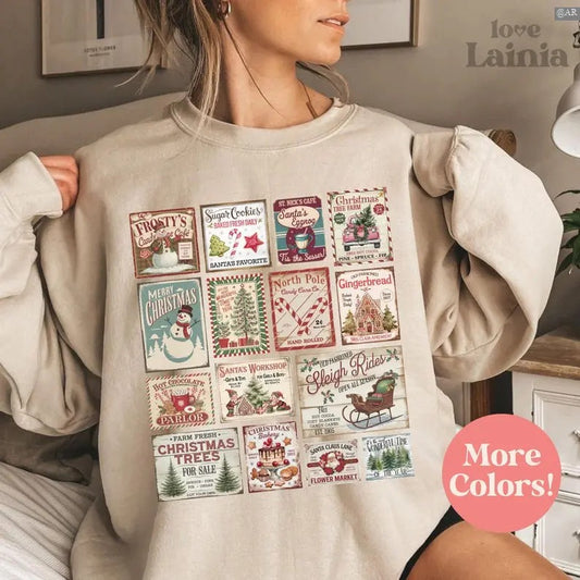 Vintage Christmas Sweatshirt, Santa Claus Shirt, Christmas Stamps Shirt, Retro Crewneck, Gift For Lovers, Cotton, Trendy Womenswear Top