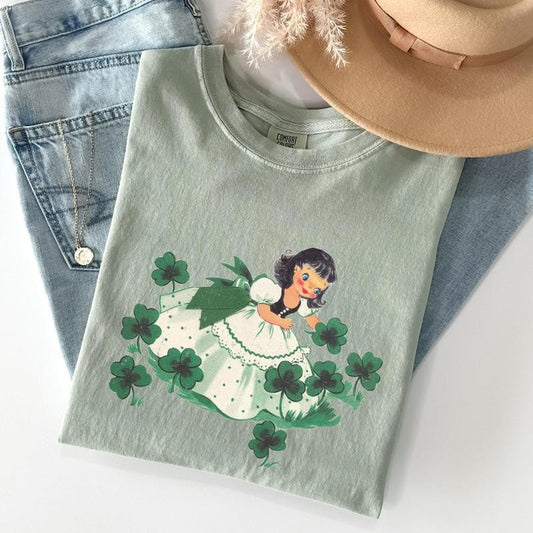 Vintage Clover Girl, Irish, Shamrocks, St Patrick's Day Comfort Colors Tshirt, Women's Crew Neck, Crewneck