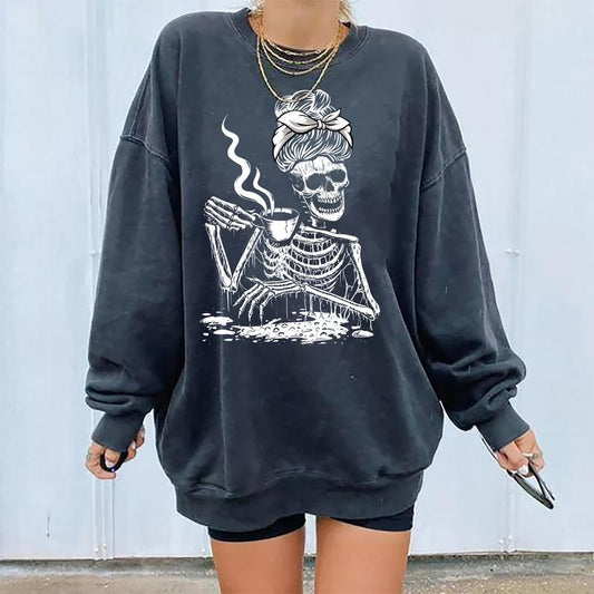 Vintage Coffee Drinking Skeleton Lazy Sweatshirt, Halloween Skeleton Shirt, 90s Halloween Sweater, Skeleton Drink Coffee Shirt, Fall Sweatshirt
