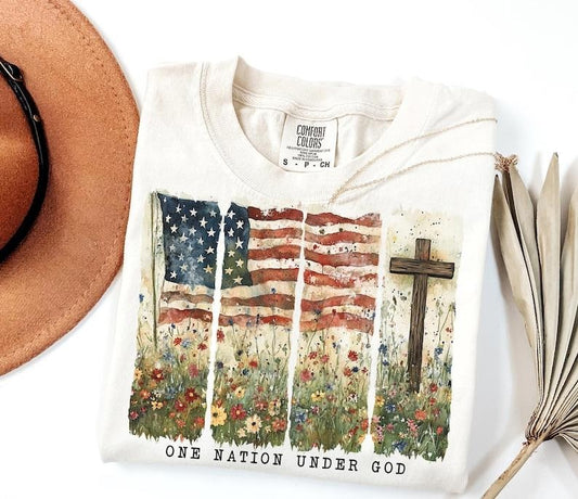 Vintage Comfort Color One Nation Under God Tee, 4th of July Christian Patriotic Tshirt, Faith and Freedom Shirt, American Flag Cross