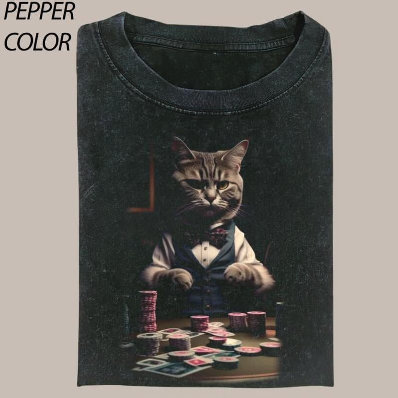 Vintage Cool Cat Playing Poker T-shirt, Cat Lover Tshirt, Meme Cringe Funny Dumb Shirts, Gambling Tee Gift For Boyfriend Menswear Top Streetwear