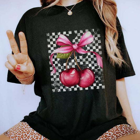 Vintage Coquette Aesthetic Cherries Tees, Retro Cherry Graphic Tee Women, Checkered Board Cherries Unhinged Shirts, Viral Cherry T-shirts For Women, Trending Oversized Graphic Tee, Women's Tops, Cotton Fabric Relaxed Fit Chic Style coquette clothing