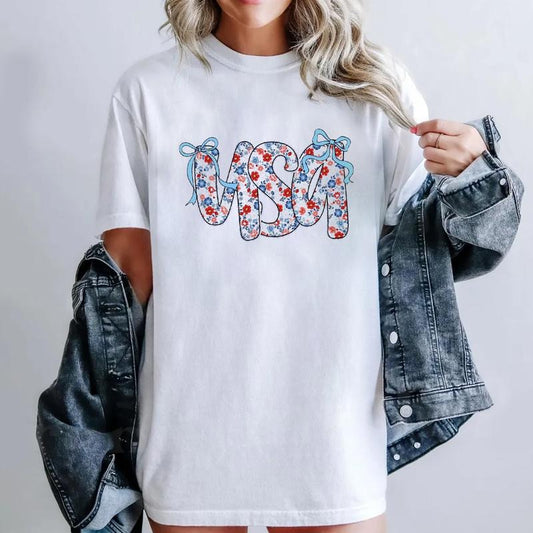 Vintage Coquette Floral USA Logo Print Tee, Preppy America 4th Of July Tshirt,Patriotic Independence Day Gifts Unisex Cotton T-Shirt