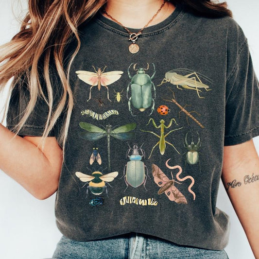 Vintage Cottagecore Insect Shirt, Oversized t-shirt, Boho Bug Tee, Nature Lover, Goblincore