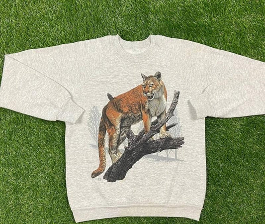 Vintage Cougar Crewneck Sweatshirt Wild Animal Pull Over 1980s 80s Sweater Mountain Lion Puma Cat GIft FOr Her Gift For Him Menswear Athletic